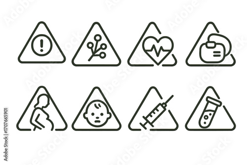 Set of eight medical warning icons including pregnancy and injection symbols