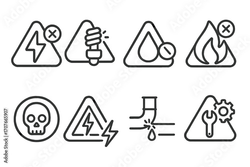 Safety symbol set: electrical, flammable, toxic, and maintenance warnings