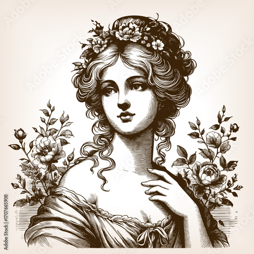 19th century woman wearing floral crown and ornate dress sketch engraving generative ai fictional character vector illustration. Scratch board imitation. Black and white image.