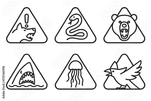 Wild animal warning signs featuring snake, bear, shark, jellyfish, wolf, and bird symbols