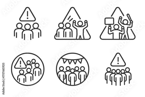 Line art symbols of group gatherings with warning and celebration icons