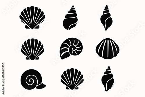Collection of nine black sea shell silhouettes on white background