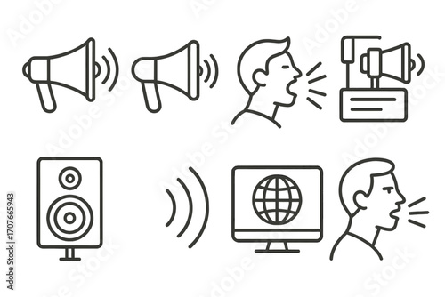 Communication icons: loudspeakers, male voices, and sound waves in technology