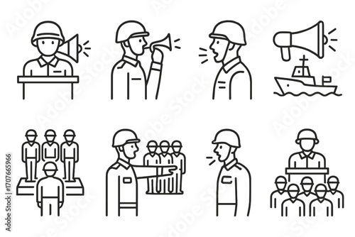 Military communication and leadership icons featuring soldiers and megaphones