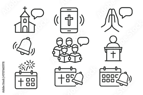 Religious symbols: church, worship, bells, calendar, singing, prayer, smartphone, sermon