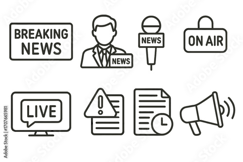 Breaking news icons: microphone, on air, live tv, alert symbols, megaphone