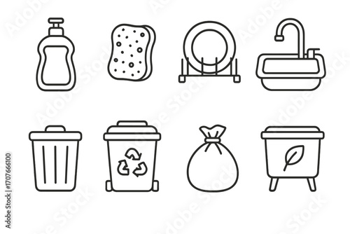 Kitchen cleaning icons: soap, sponge, dish rack, sink, trash, recycling, bag, compost