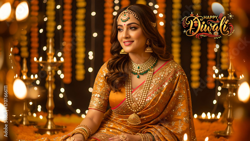 Beautiful Indian Woman in Traditional Saree with Jewelry and Lamps on Diwali Festival Night