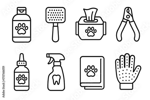 Essential pet grooming tools: shampoo, brush, wipes, clippers, eye drops, spray, towel, glove