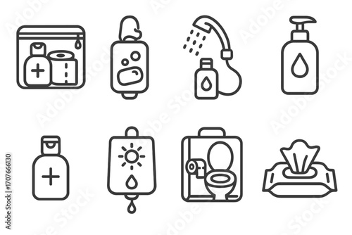Bathroom essentials: soap, shampoo, shower, towel, dispenser, wipes icons