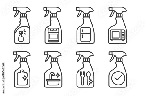 Set of eight cleaning spray bottle icons for various household uses