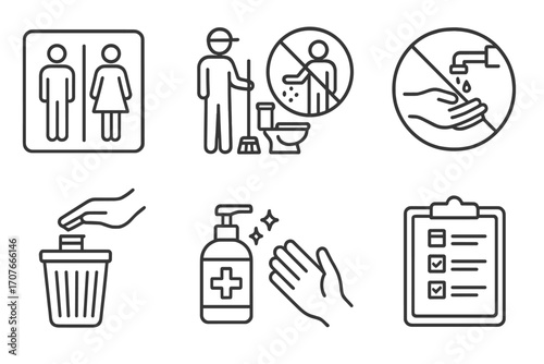 Hygiene and sanitation icons: restroom, cleaning, handwashing, sanitizer, checklist