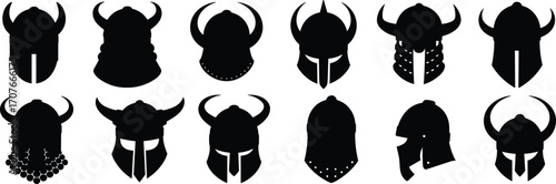 Viking Helmet Silhouette Icons, Horned and Medieval Helmets Vector Pack, Norse Warrior Helmet Graphics