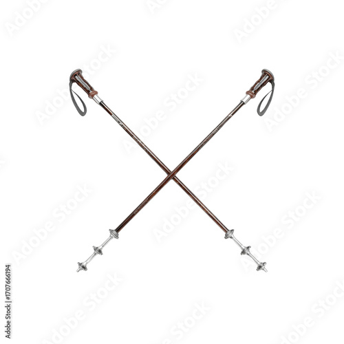 Pair of crossed Nordic walking poles isolated on black background