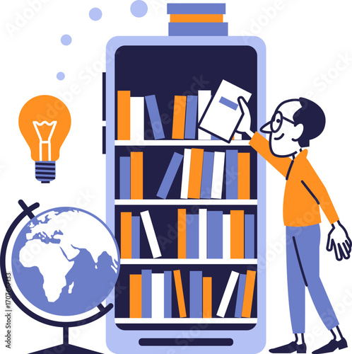 Digital library and online knowledge — man choosing book from smartphone bookshelf illustration.
