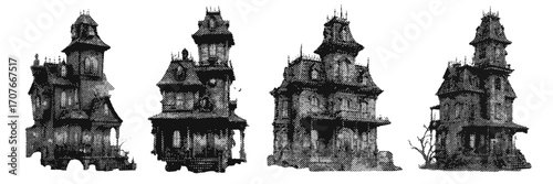 Halftone haunted house illustration for spooky halloween design with vintage grunge texture effect