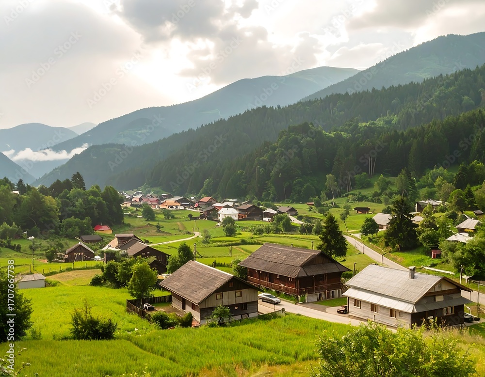 Fototapeta premium Mountain village nestled in valley (12)