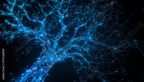 Abstract digital tree with glowing blue branches and connections, symbolizing technology, networks, or artificial intelligence.