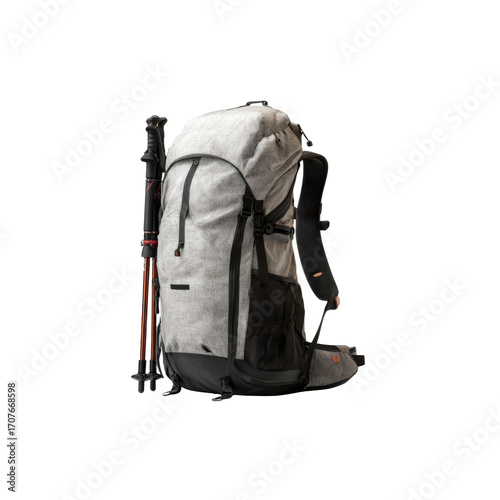 Grey Hiking Backpack with Trekking Poles - Outdoor Adventure Gear
