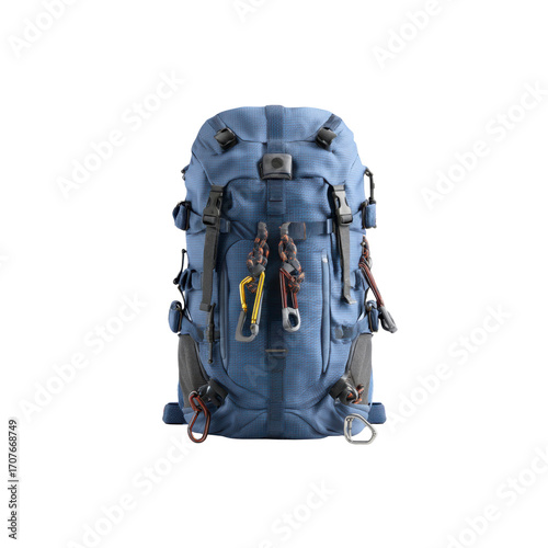 Blue Hiking Backpack with Carabiners and Gear Ready for Adventure