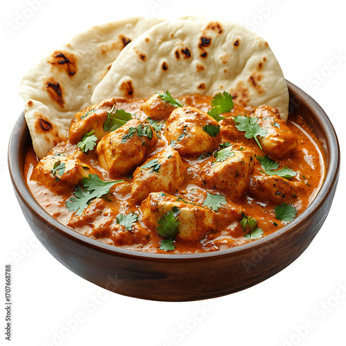 Chicken tikka masala curry with naan bread in bowl isolated on transparent background