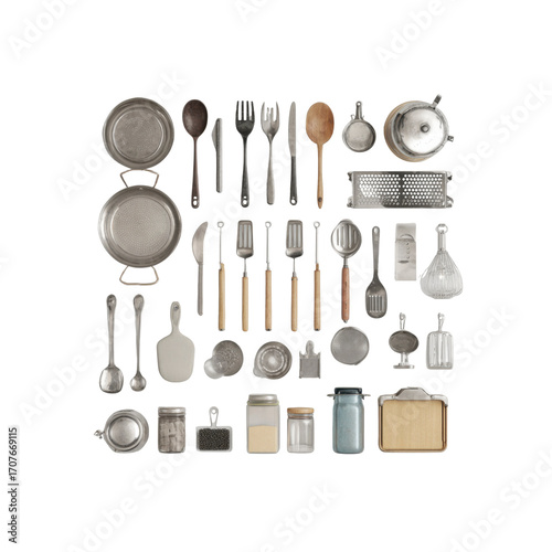 Flatlay of Rustic Kitchen Utensils and Cookware Collection