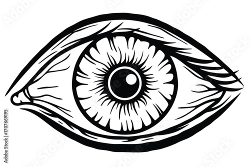 Monochromatic human eye showcases intricate iris detail within bold black linework style