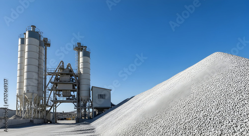Industrial concrete batching plant with aggregate stockpile under a clear blue sky