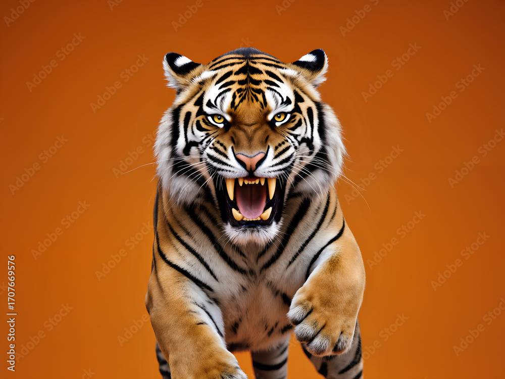 Fototapeta premium A powerful, dynamic shot of a Bengal tiger mid-roar