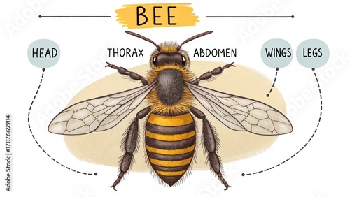Detailed Bee Anatomy Diagram: An educational illustration provides a clear view of a bee's components and highlights its vital parts. This resource suits educational purposes. 