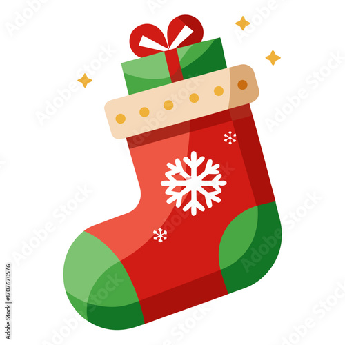 Red Christmas stocking with snowflake design filled with green gift box and red bow.