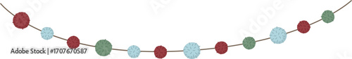 Christmas garland made of yarn pom-poms isolated on white. Interior decoration of green, blue, and burgundy fluffy balls