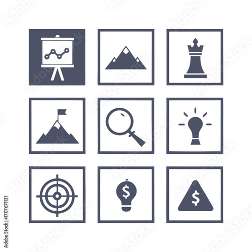 Nine monochrome icons presenting business, finance, strategy, and achievement elements inside square frames create a cohesive set