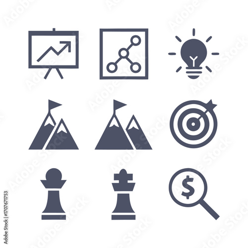 Nine simple icons represent business strategy, success, growth, leadership and financial insight
