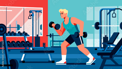 Working out with dumbbells in the gym, hand-drawn vector illustrations