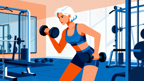 Working out with dumbbells in the gym, hand-drawn vector illustrations