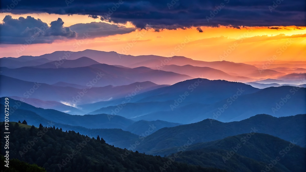 Fototapeta premium Vibrant sunset over layered blue mountains