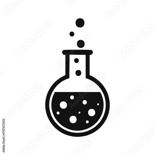 Black laboratory flask with bubbling liquid and transparent background