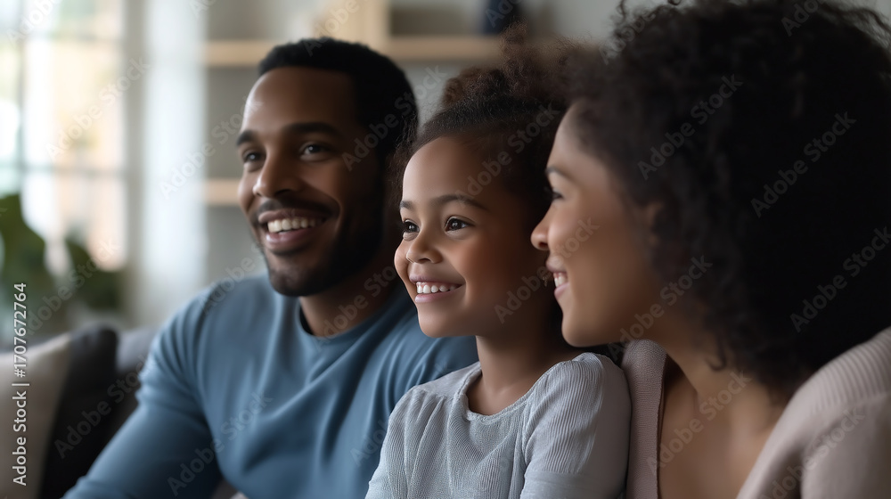 Fototapeta premium Smiling girl with medium skin enjoys family time while watching a movie at home in the evening