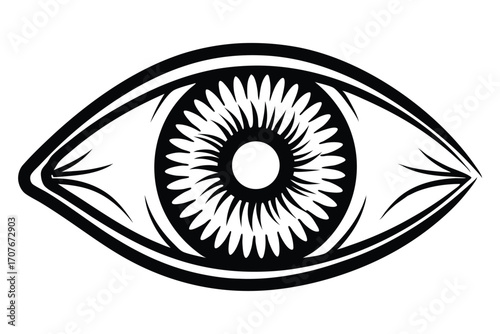 One stylized eye shows intricate petallike iris in striking black and white