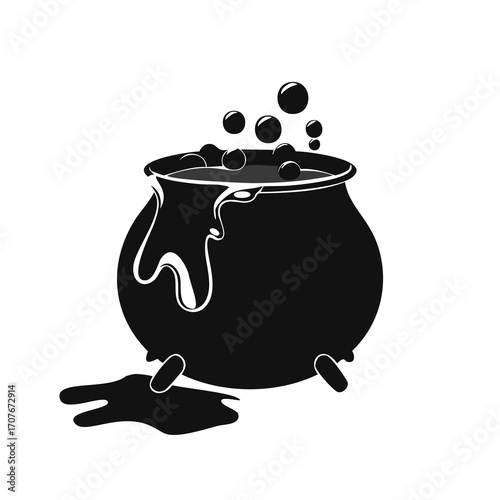 Black silhouette bubbling cauldron with spilled liquid