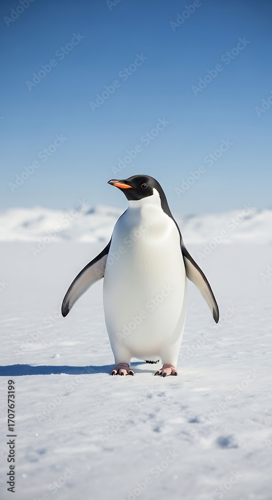 Obraz premium A single, majestic penguin stands on a pristine expanse of snow, showcasing its elegant form against a vibrant blue sky.