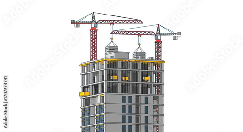 Construction Work, High-Rise Building, Cityscape, 3D Illustration, Urban Environment, Aerial View, Modern Architecture