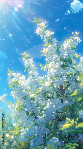 Blooming White Flower Tree Under Blue Sky – Spring Nature Background