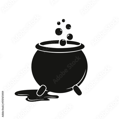 Black silhouette of a bubbling cauldron with spilled liquid