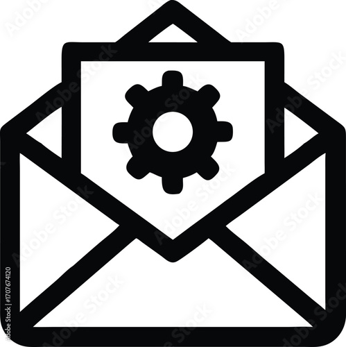 Outline illustration shows a gear appearing from an open envelope on a white background