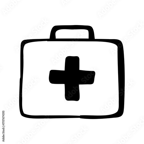 Stylized hand drawn first aid kit in black and white design