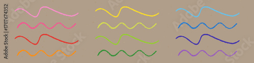 Realistic Chalk Drawn Sketch. Set of Design Elements Rainbow Wavy Lines Isolated on Craft Paper.