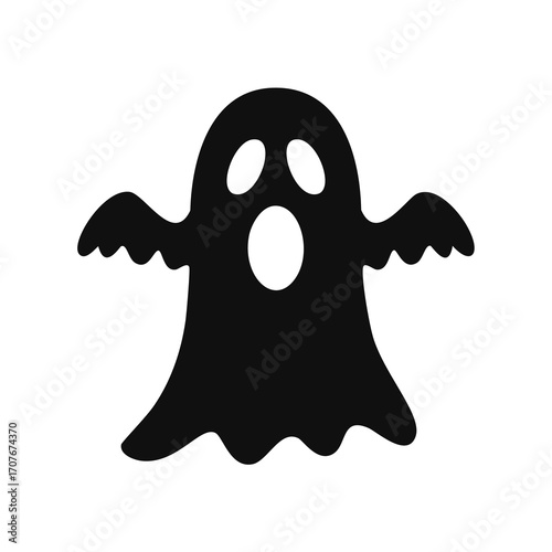 Black silhouette of a cartoon ghost with open mouth on white background Keywords: ghost, phantom