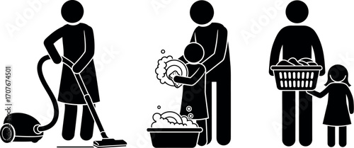 Family members doing household chores together, symbolizing teamwork and shared responsibility.